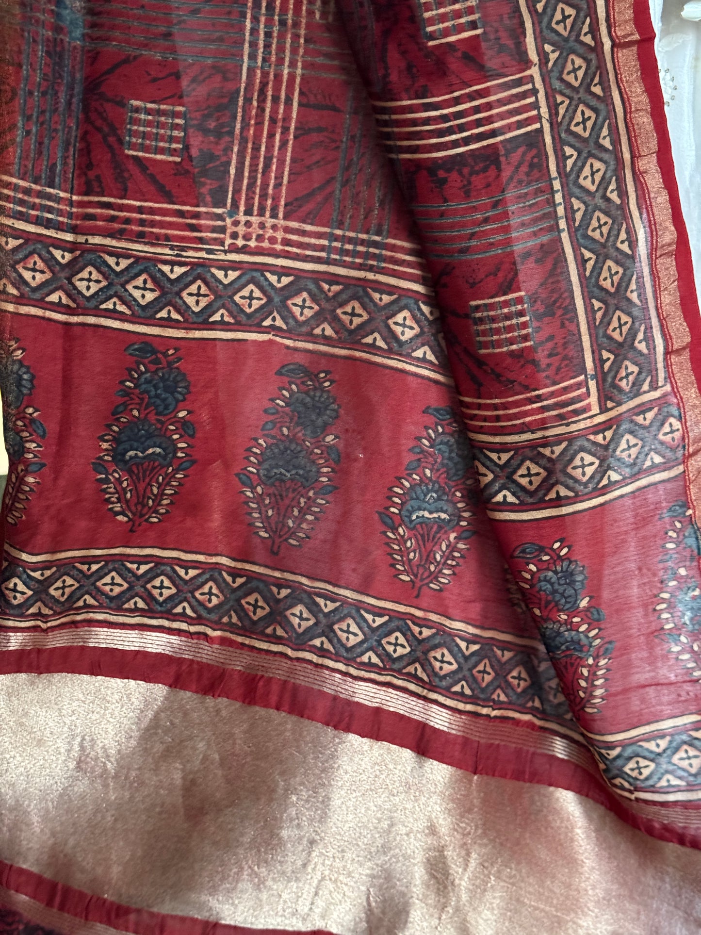 Maroon checkered Ajrakh Chanderi silk cotton dupatta with zari palla