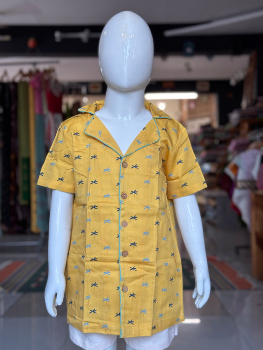Yellow with blue flowers printed Hawaiian shirt for boys