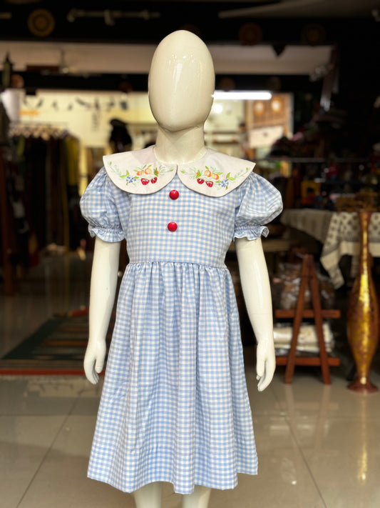 Light blue checks frock with corduroy embroidered collar