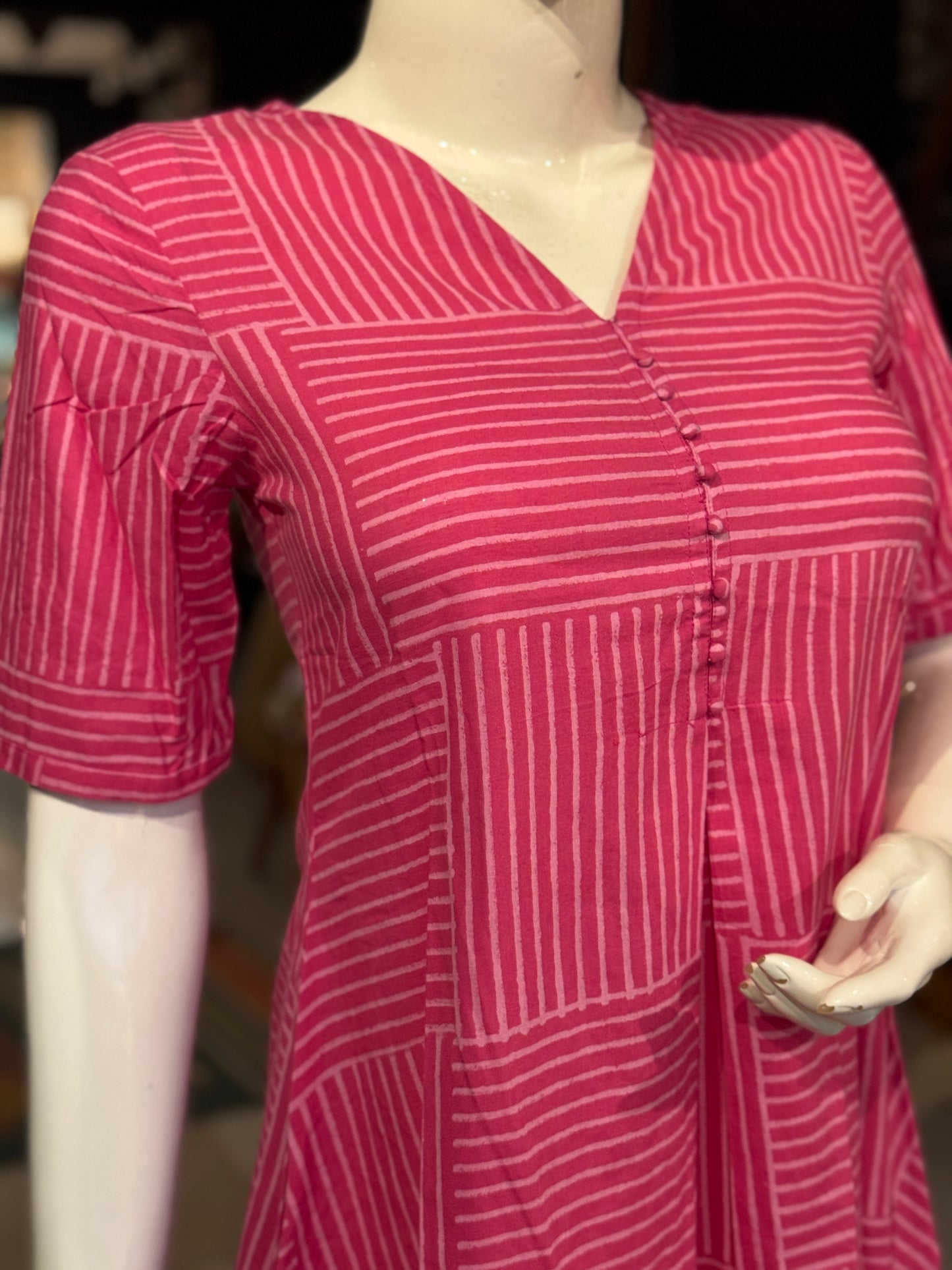 Front pleated, v-neck hand block printed cotton dress - multiple designs