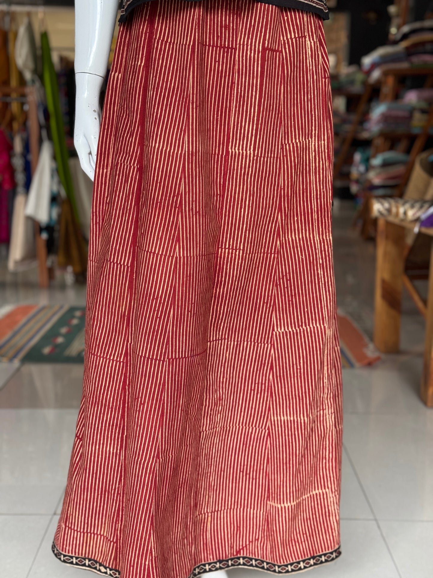 Maroon stripes Cotton ajrakh skirt with black border