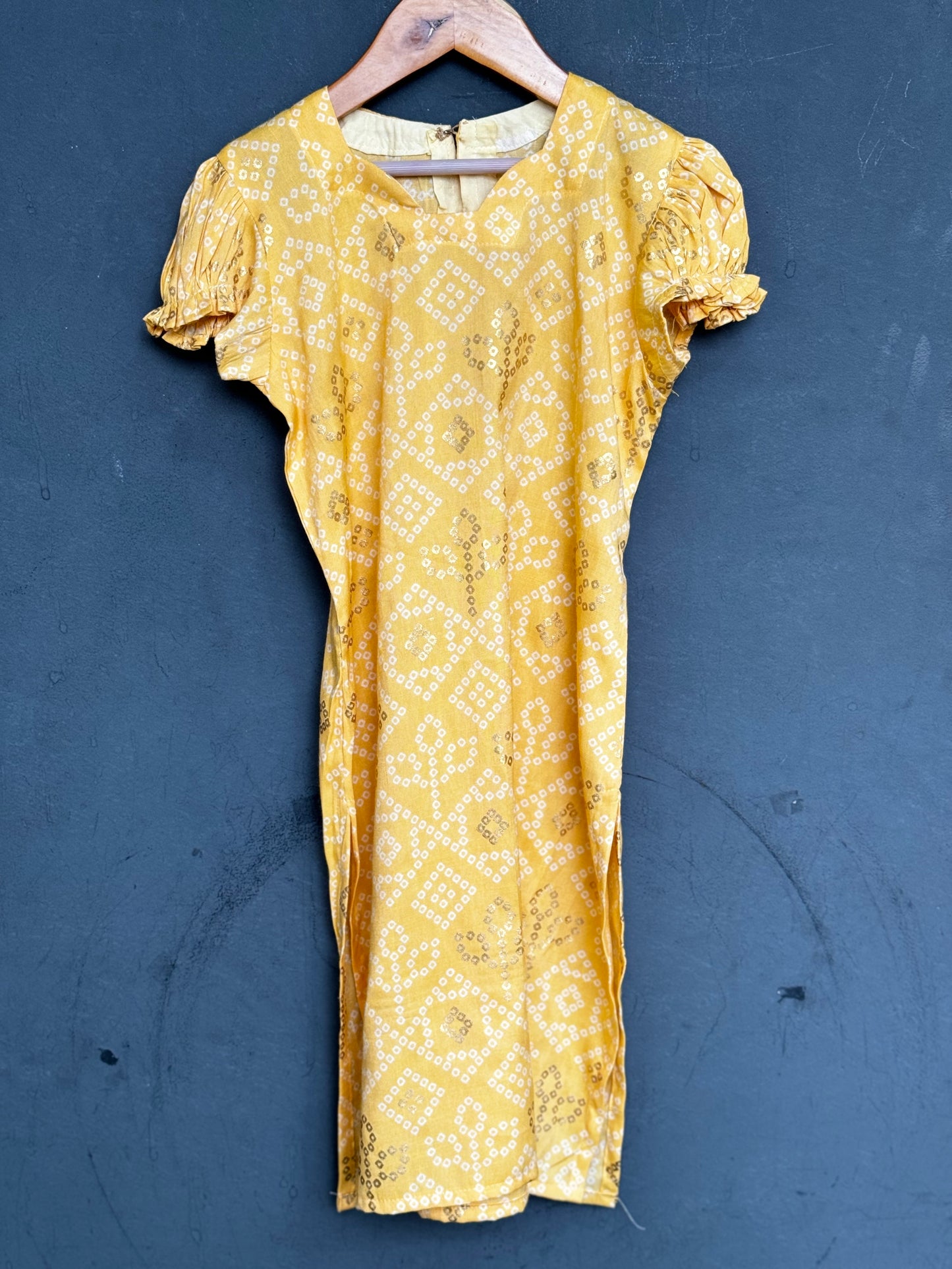 Light yellow rayon straight cut Kurti for girls with diamonds print