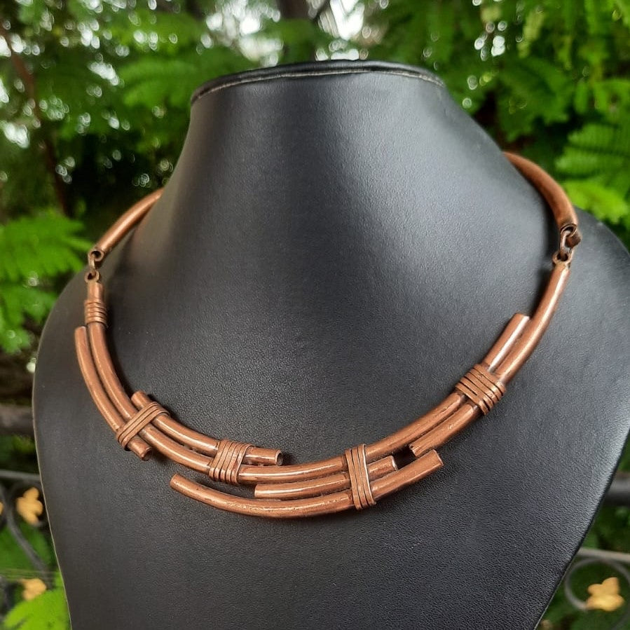 Bamboo inspired copper handcrafted necklace and earrings set