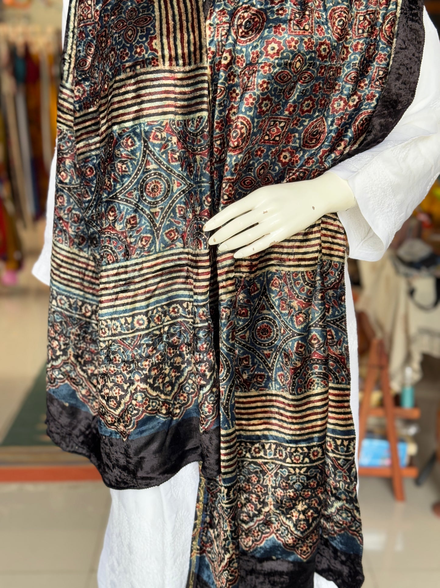 Luxurious Ajrakh hand block printed velvet stole