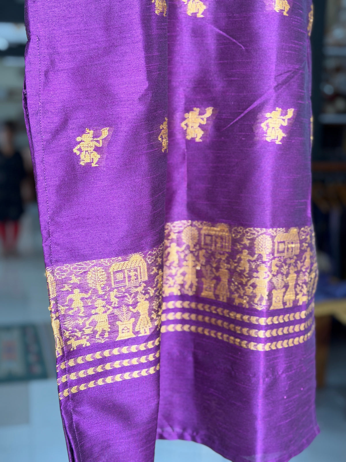 Purple hand woven raw silk kurti with tribal motifs for girls