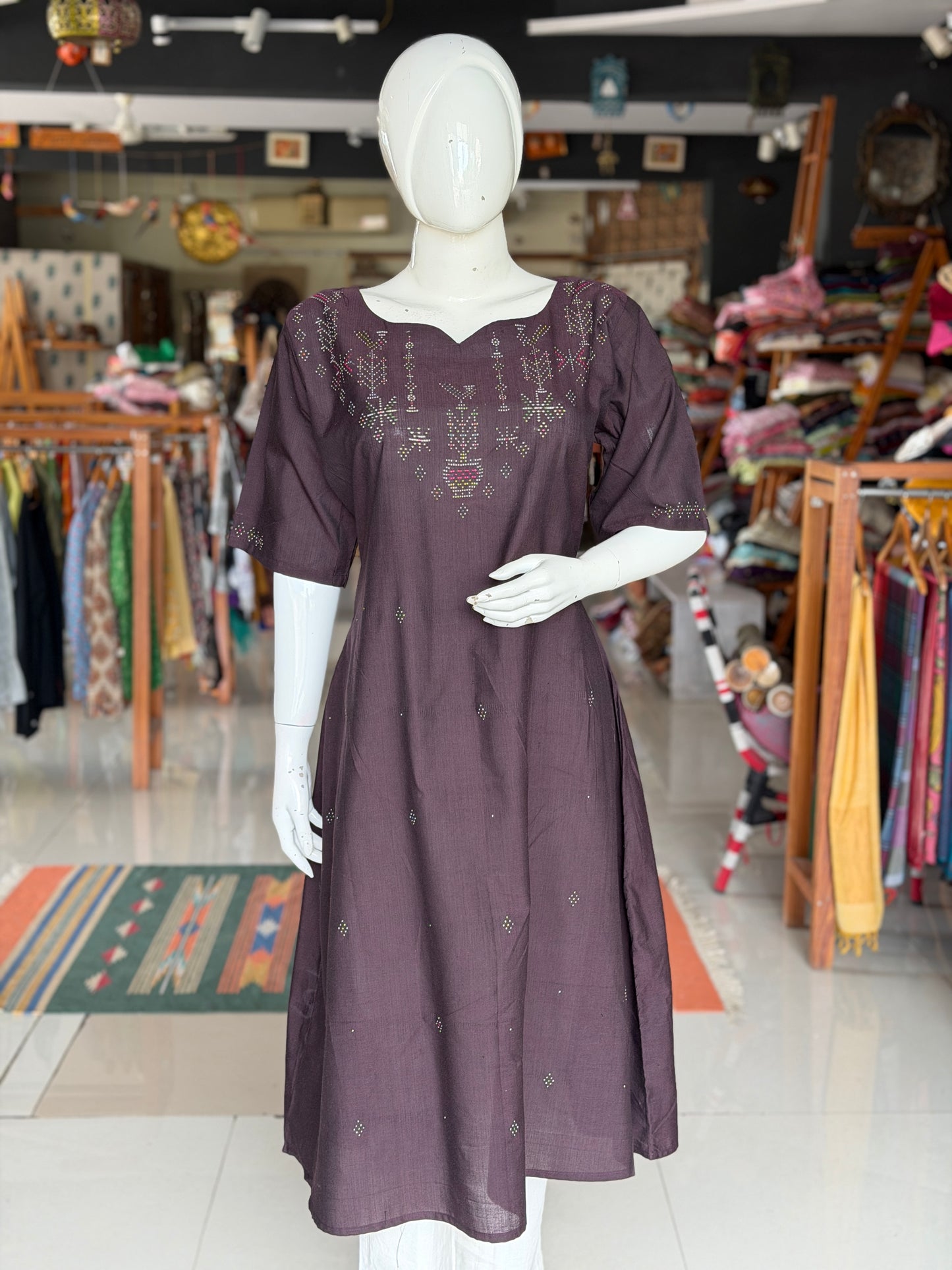 Wine Brown Tangaliya handwoven cotton a-line kurti / dress