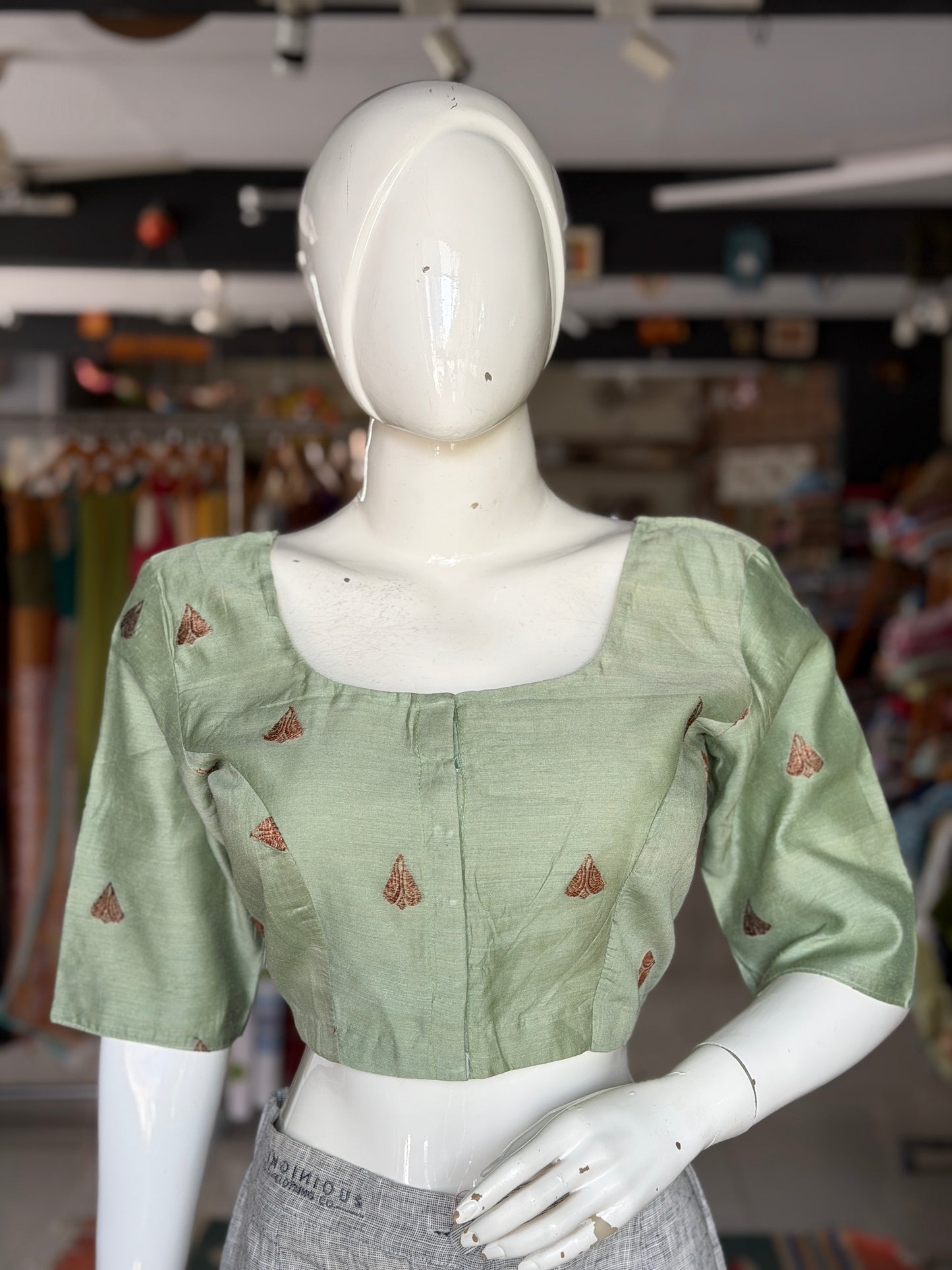 Sage green handwoven pure silk elbow sleeved blouse - both front and back open options available