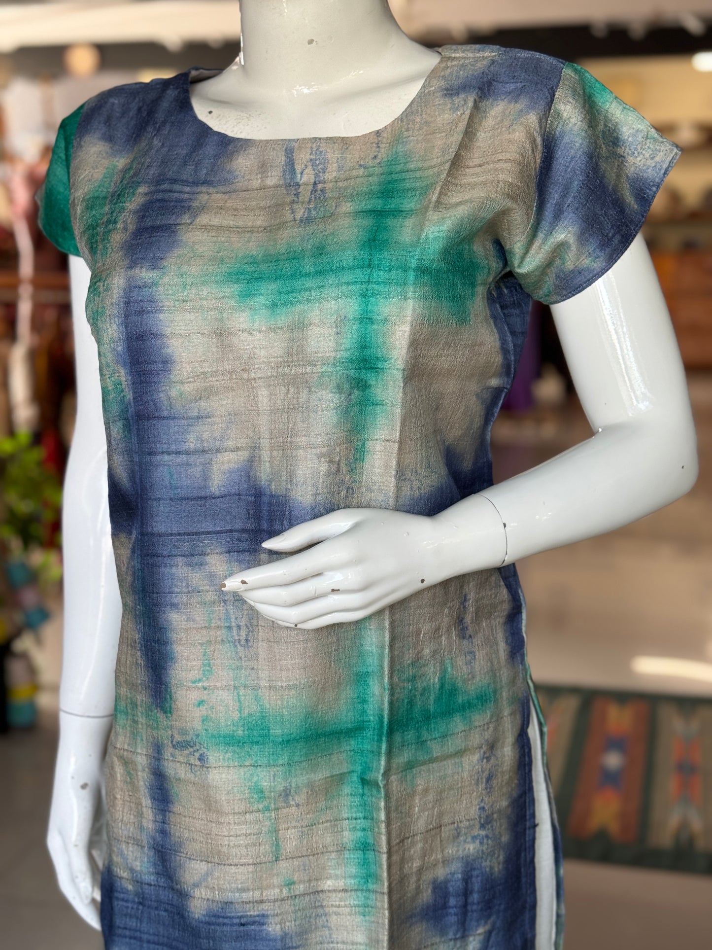 Green and blue clamp dyed handwoven tussar silk straight cuts kurta with short sleeves