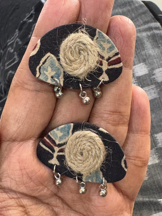 Black Ajrakh fabric based light weight earrings with jute and oxidised silver detailing