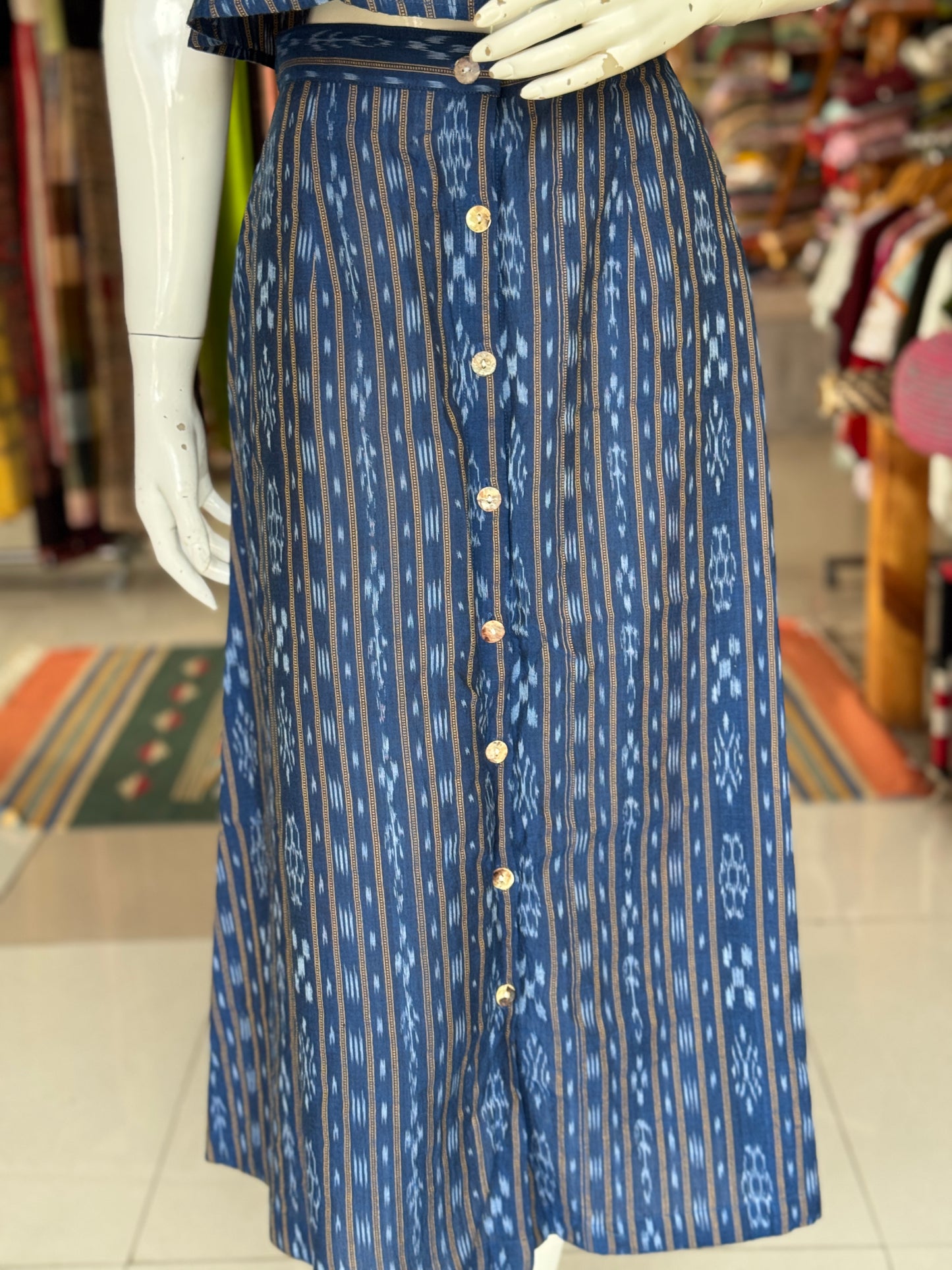 Blue ikat handwoven cotton coord set with sleeveless crop top and skirt with front buttons detailing