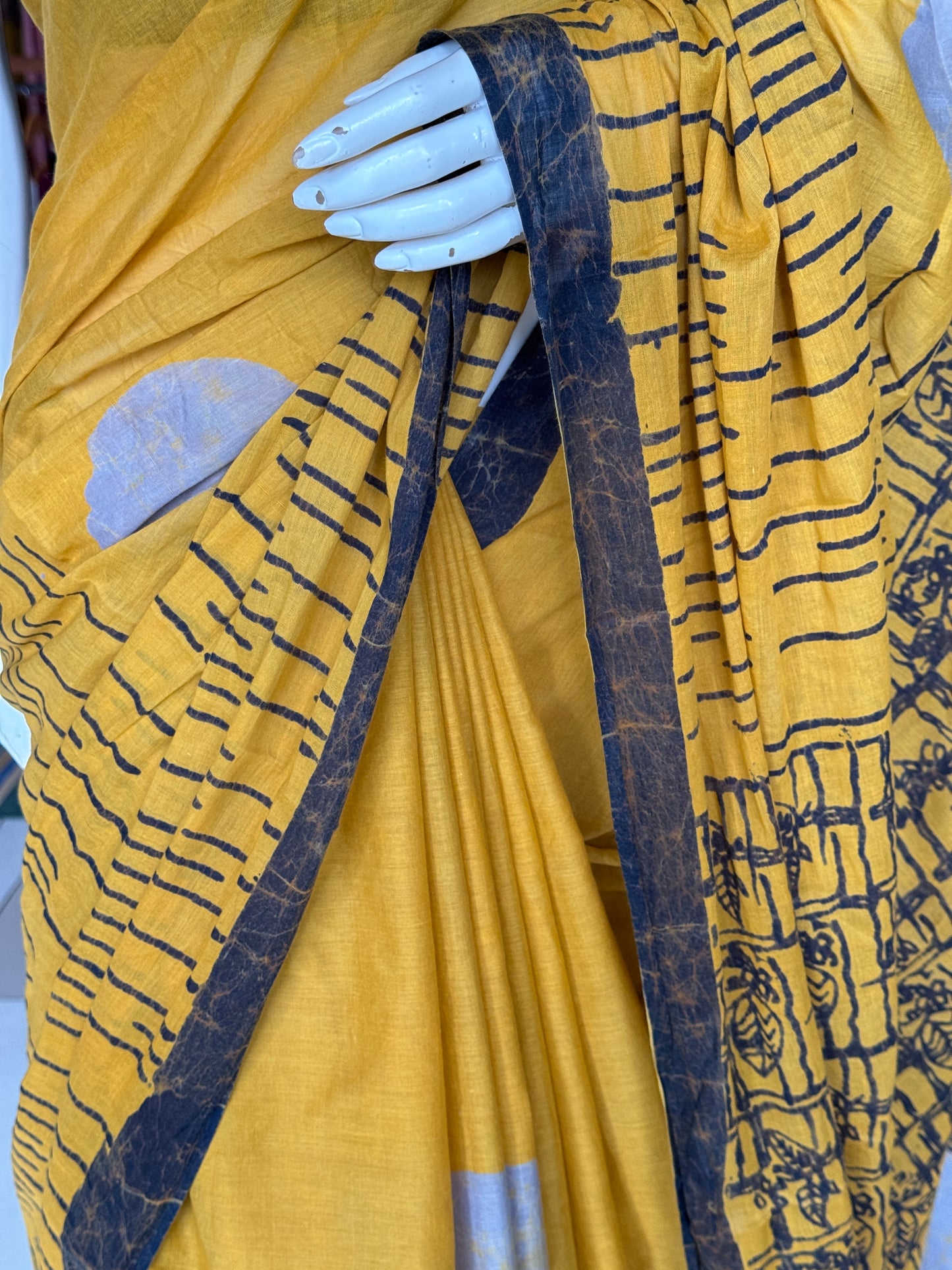 Batik soft cotton saree in yellow, grey