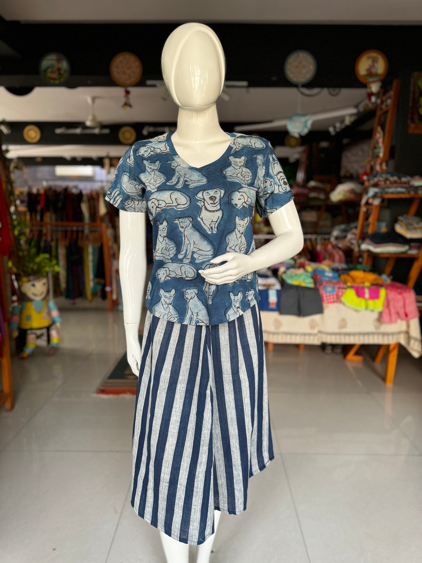 Indigo blue natural dyed, hand spun, hand woven free sized cotton stripes skirt