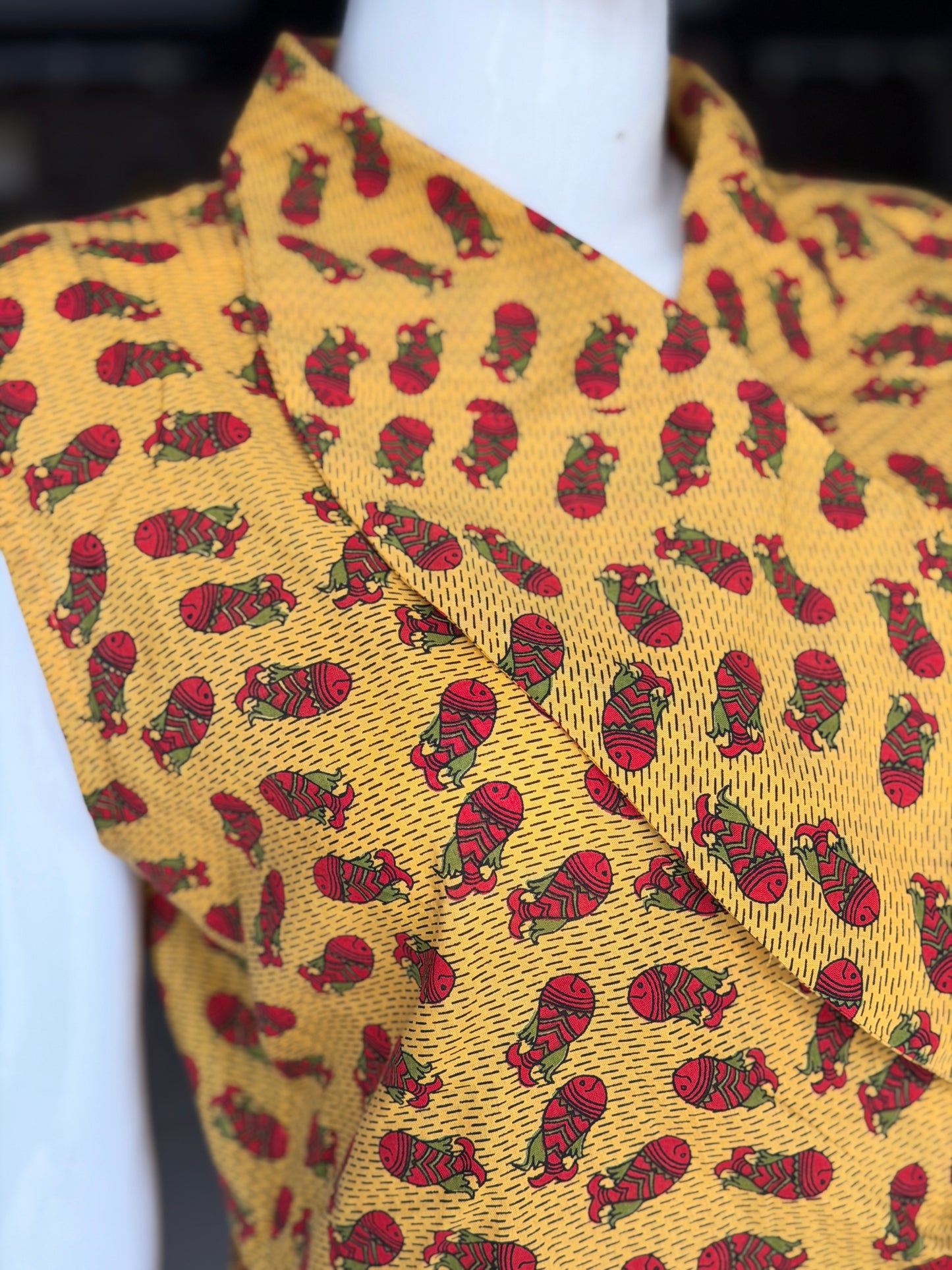 Yellow fish hand block printed collared cotton top