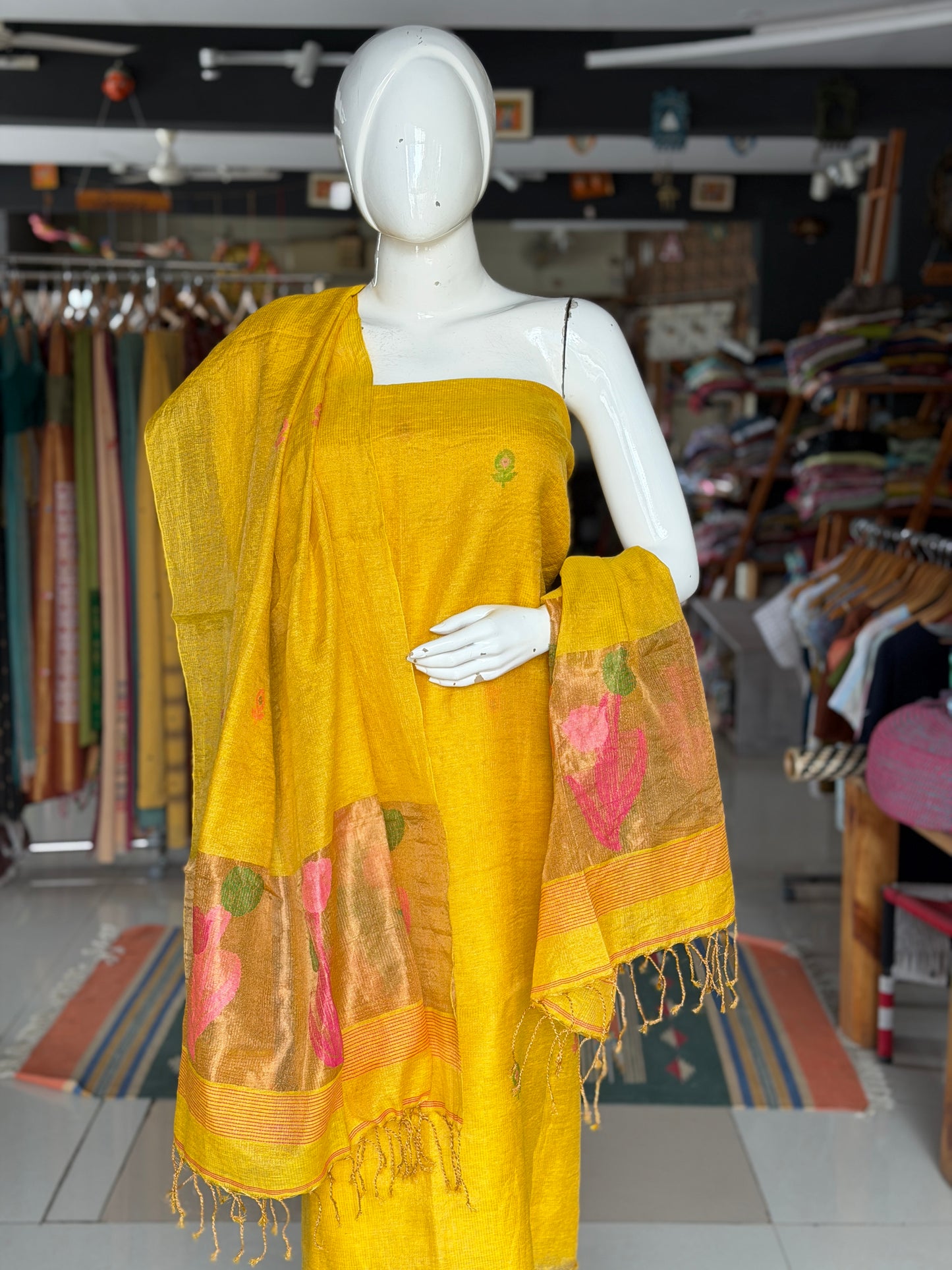 Yellow silk tissue linen handwoven Jamdani 2 piece unstitched set - kurti n dupatta set