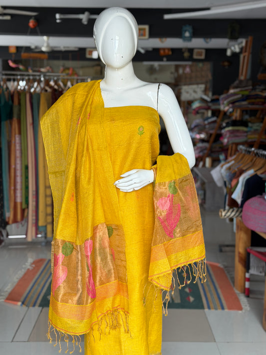 Yellow silk tissue linen handwoven Jamdani 2 piece unstitched set - kurti n dupatta set