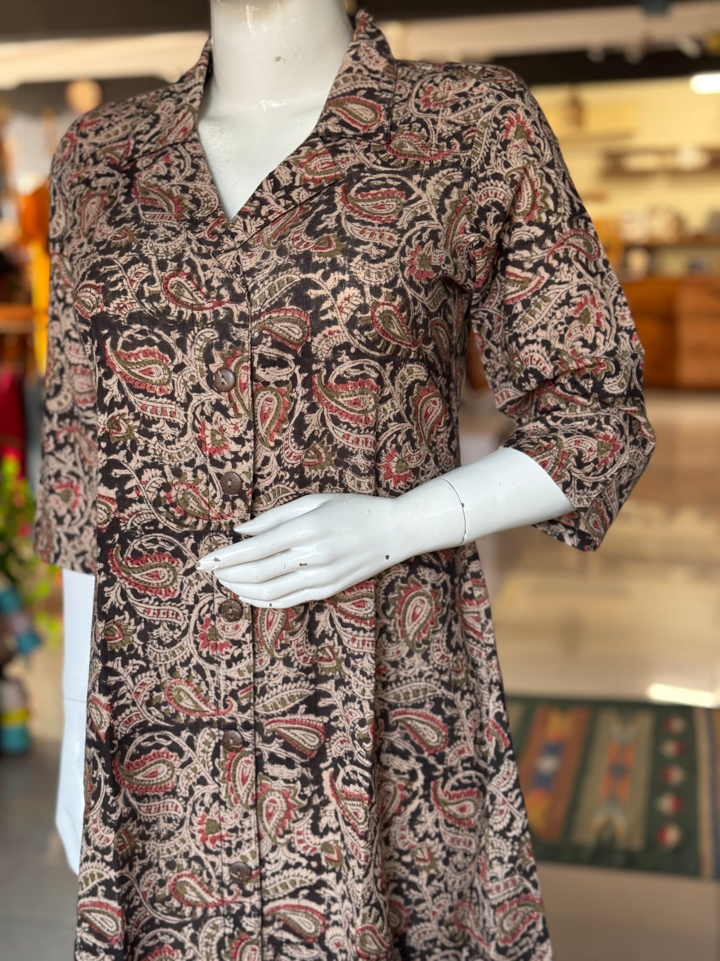 Kalamkari hand block printed collared dress -  Freedom fabric kurti - Hand spun, hand woven, hand block printed cotton