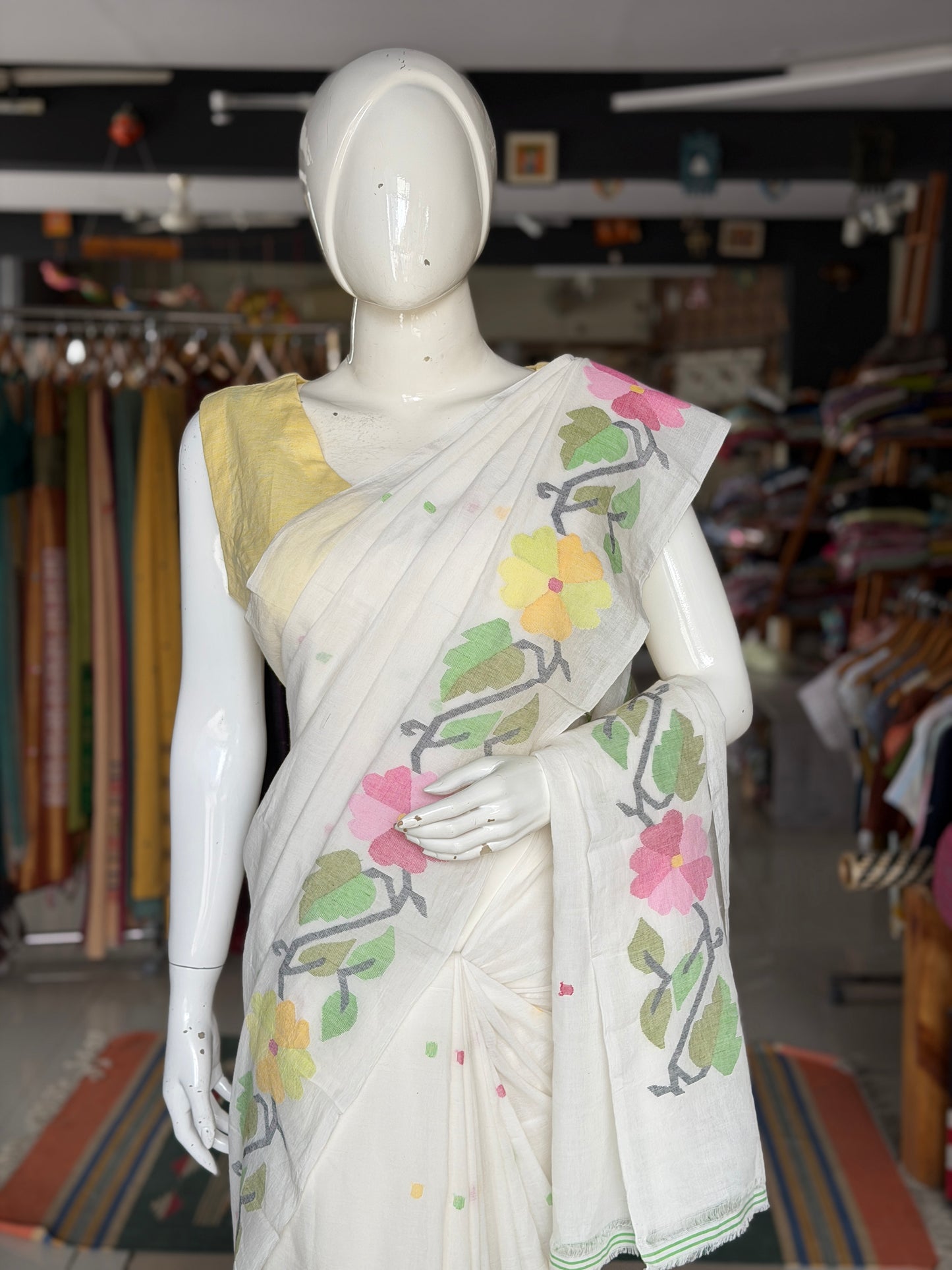 Off white Jamdani soft cotton handloom fabric / yardage saree with multi color floral border