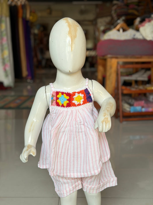 White and pink stripes with crochet yoke spaghetti top and shorts coord set for little girls