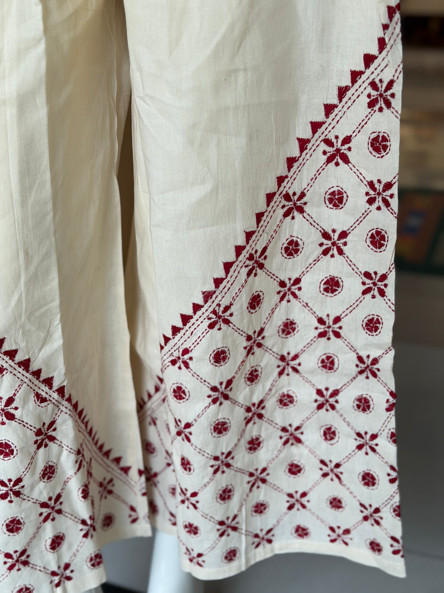 Kantha hand embroidered cotton poplin free size plazo with front pocket