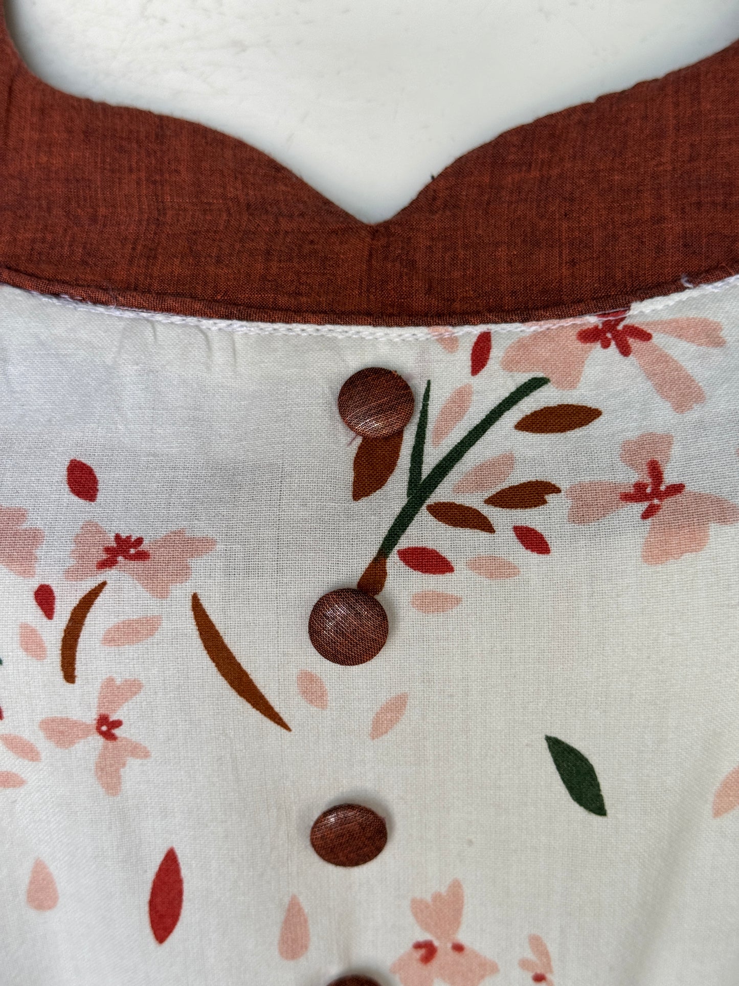 White and brown, hand woven, printed cotton retro look dress with brown contrast detailing