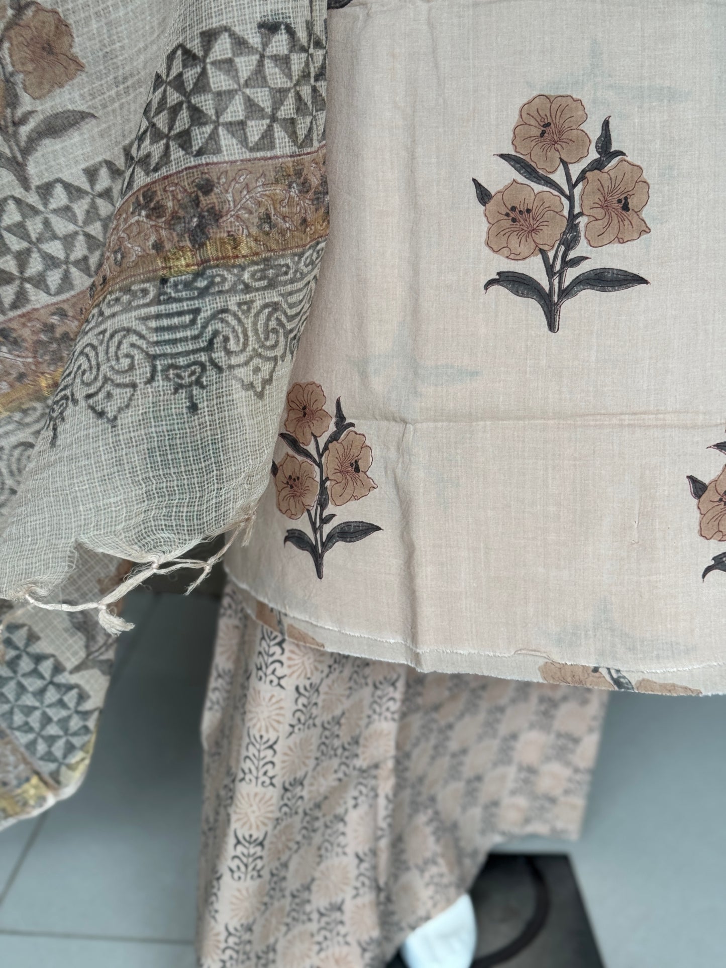 Light brown hand block printed cotton 3 piece unstitched suit set with kota doria dupatta