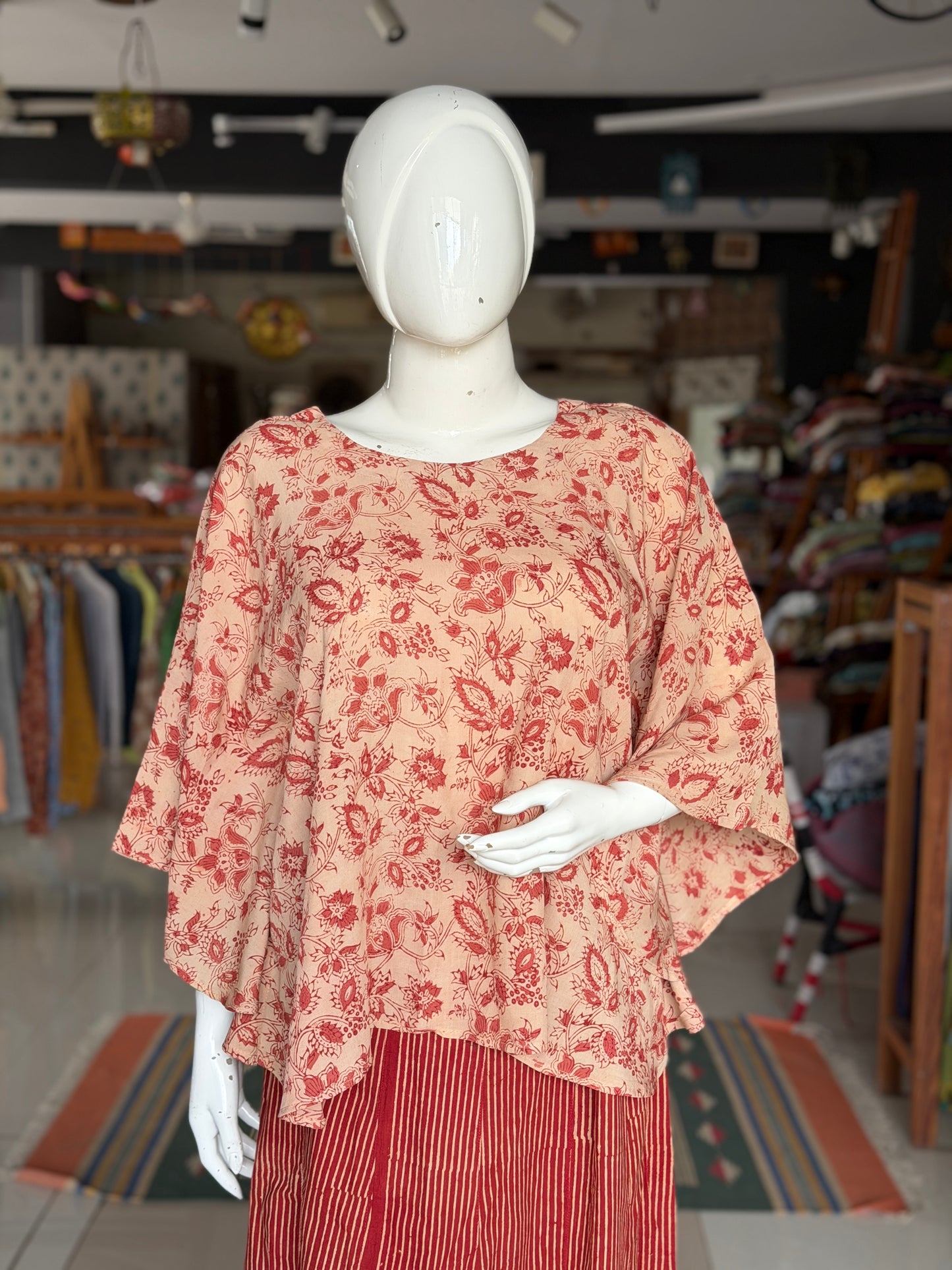Rust flowers beige cape top - hand block printed, natural dyed, Kalamkari satin cotton top