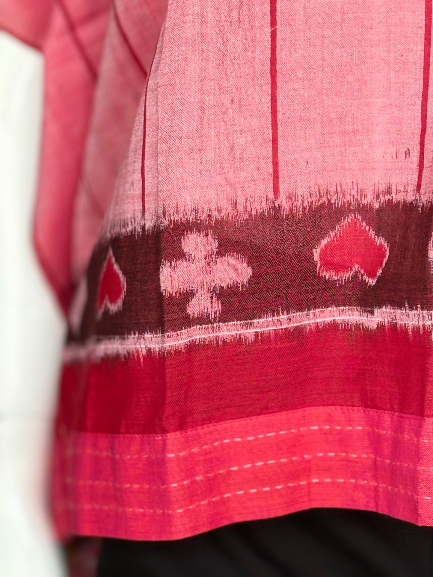 Reddish pink cotton handloom soft ikat kaftan taash cards design top with hand embroidery detailing