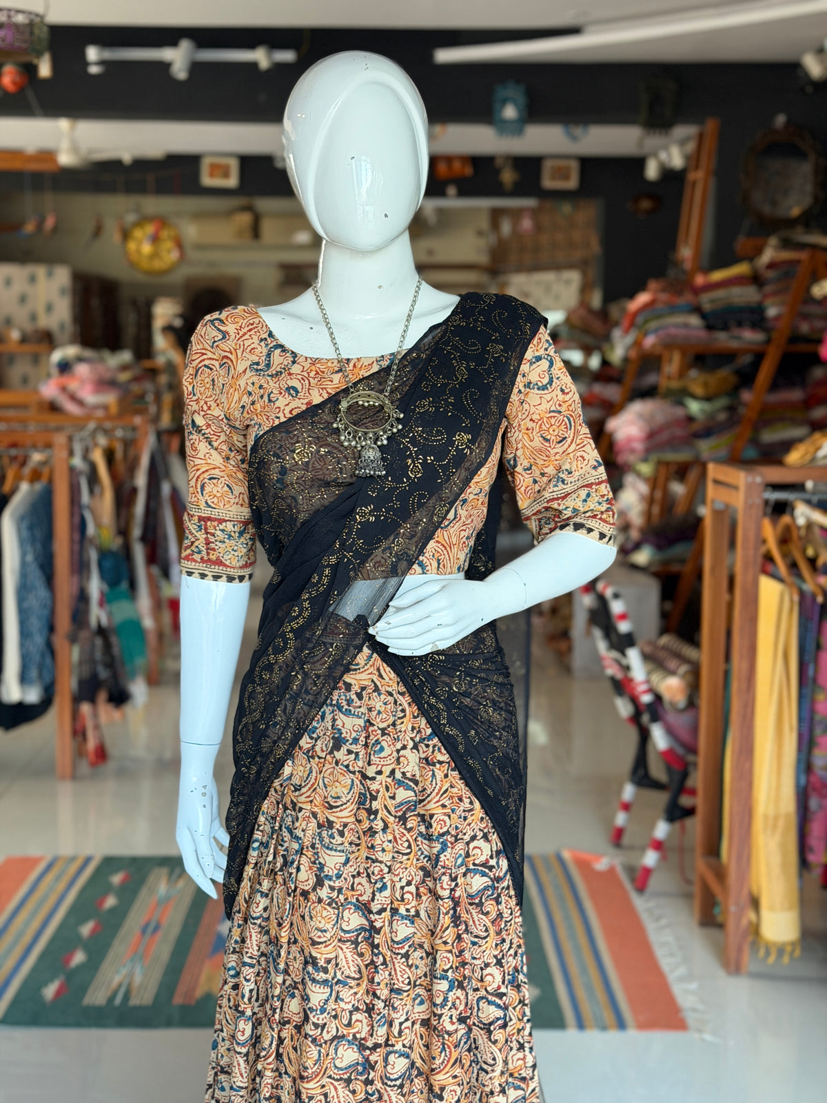 Langa voni - half saree - Kalamkari hand block printed cotton long skirt / lehenga / langa with cotton blouse - 2 piece set