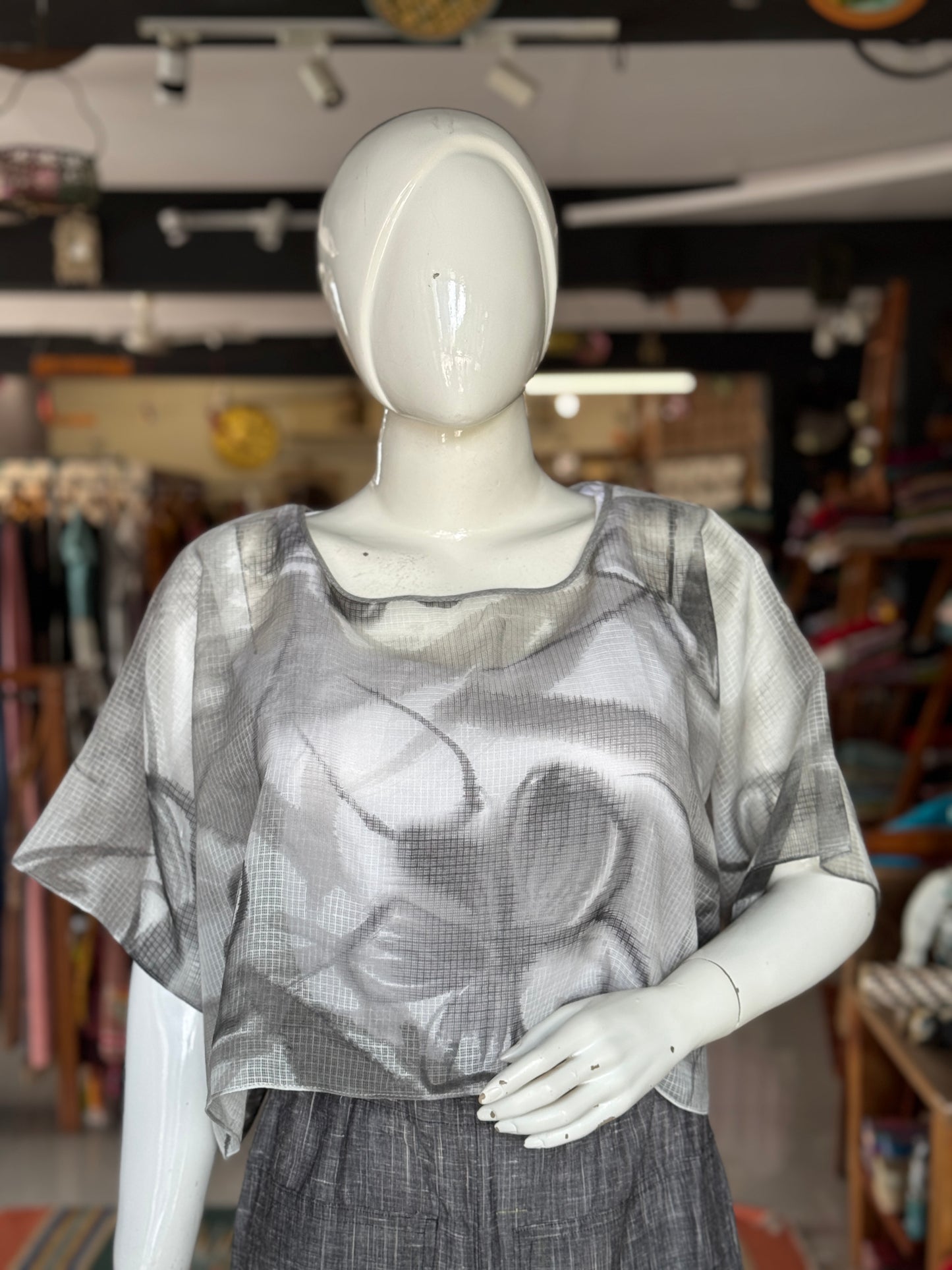 Grey flowers handpainted kota cotton kaftan crop top