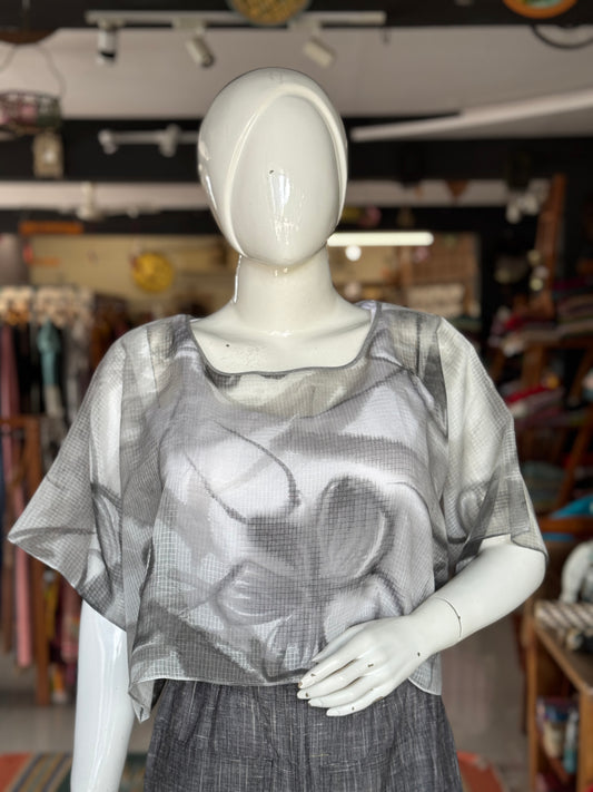 Grey flowers handpainted kota cotton kaftan crop top