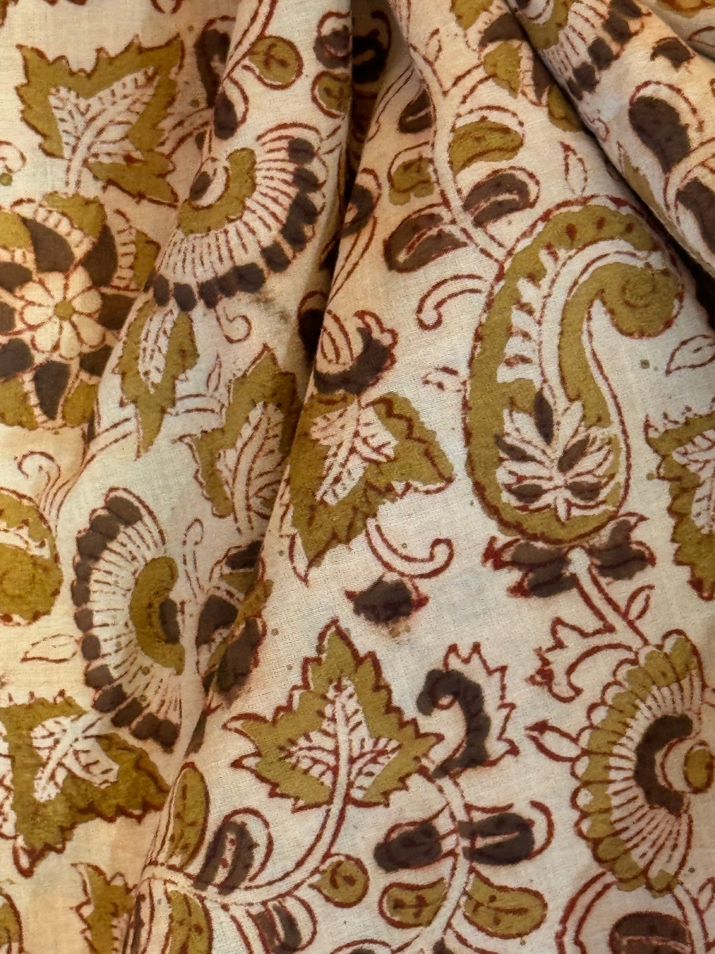 Paisley floral motifs hand block printed natural dyed Kalamkari cotton fabric - 63 inches wide panna