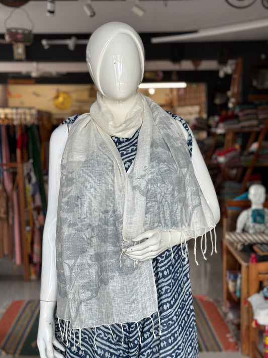 White with grey trees print classy linen stole