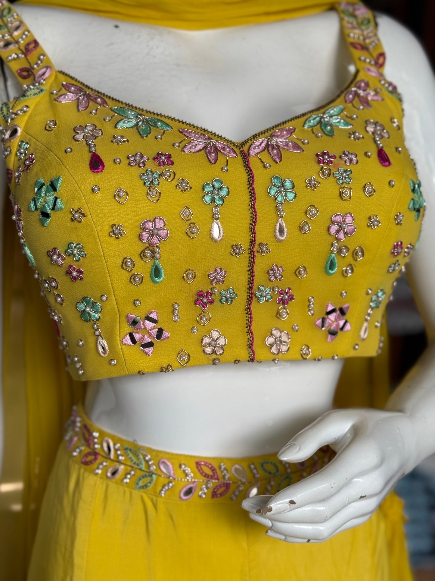 Yellow hand embroidered georgette blouse top, satin plazo and georgette ruffles dupatta - 3 piece set