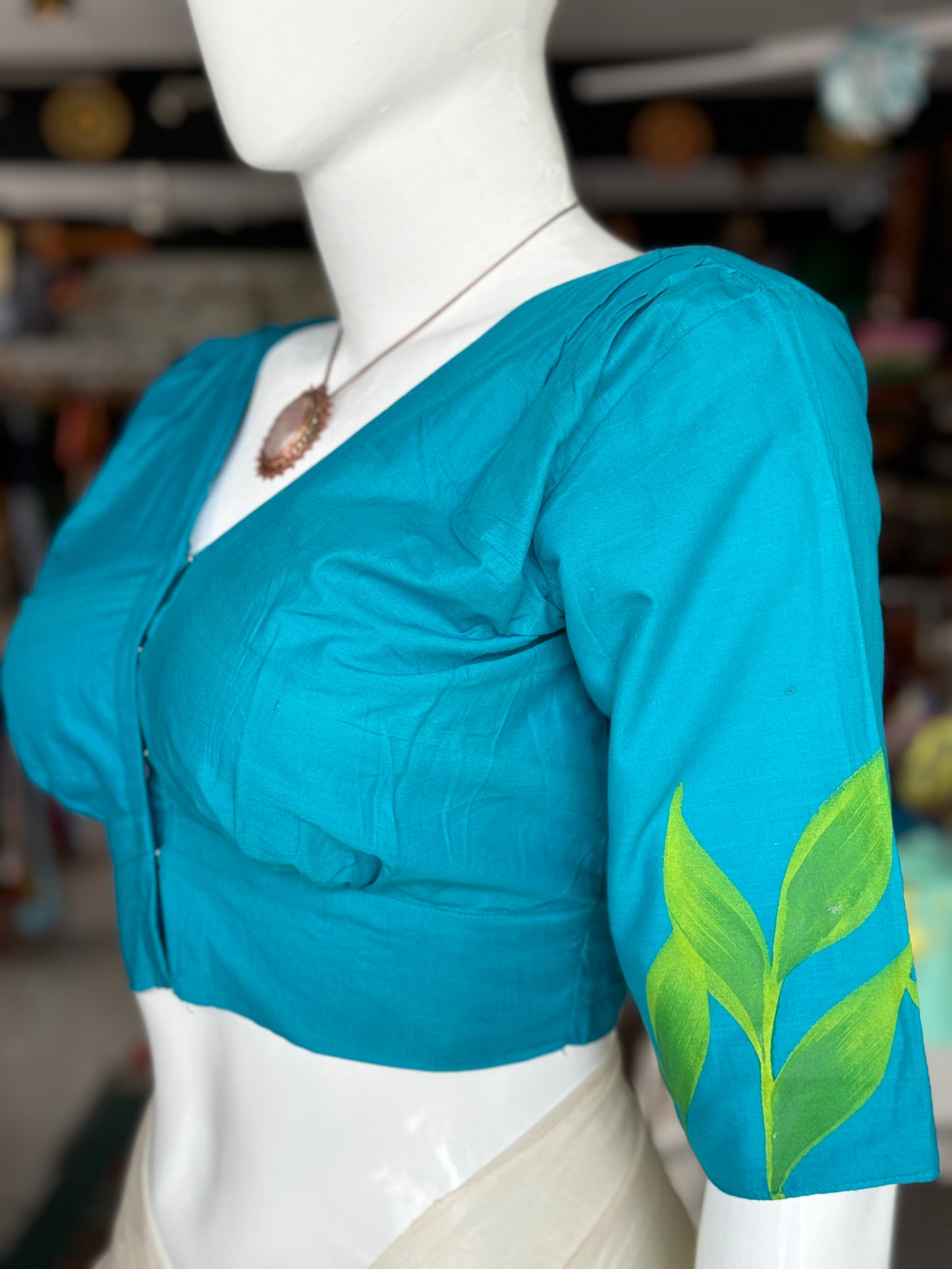 Blue leaves design hand painted front open stylish cotton blouse