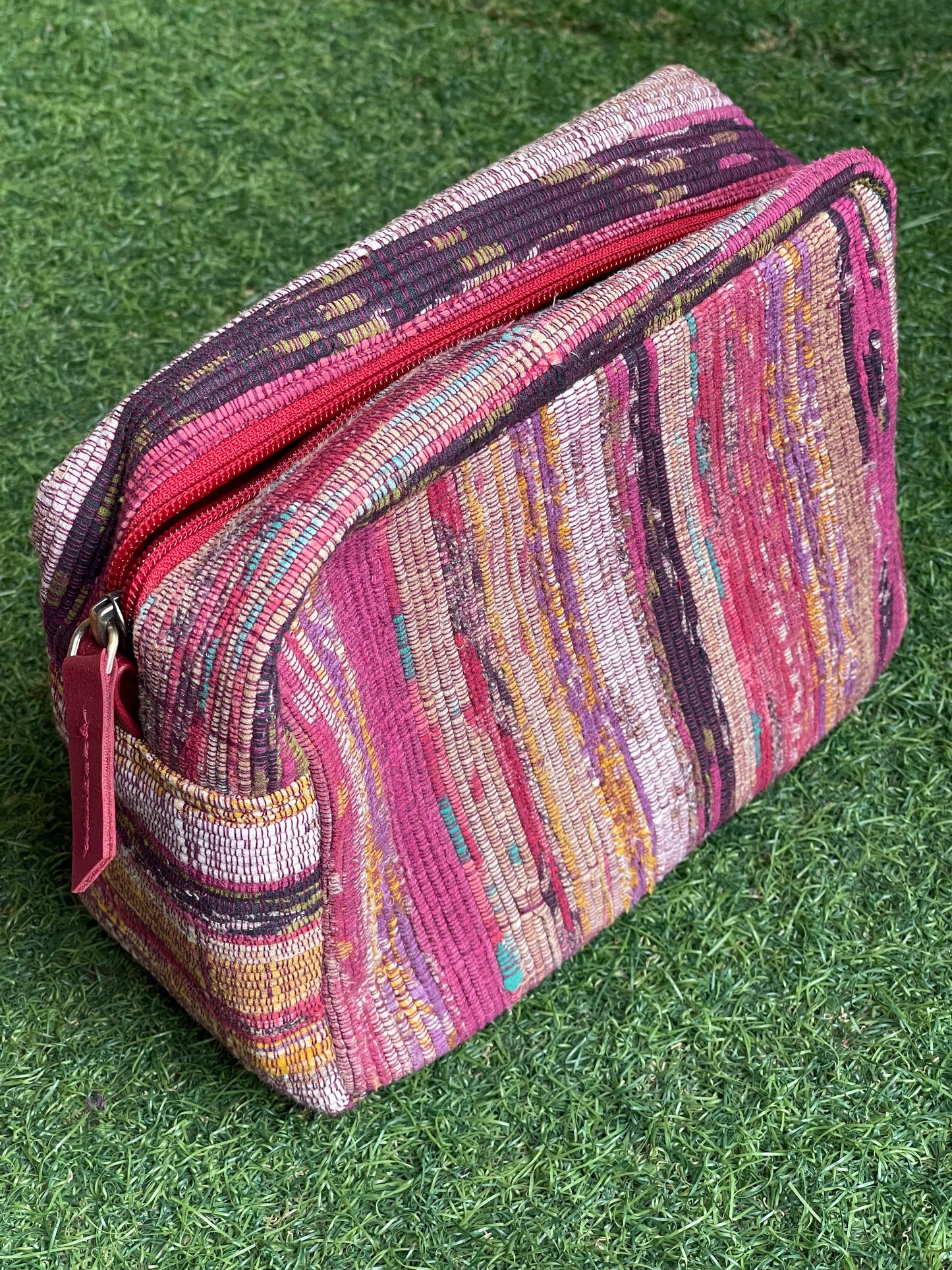 Khesh handwoven toiletries / travel pouch with leak proof plastic lining and zipper closure