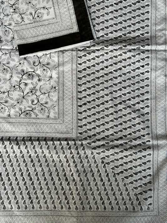 Black floral print (brass hand block prints) on white base pure fine cotton super king size bedsheet