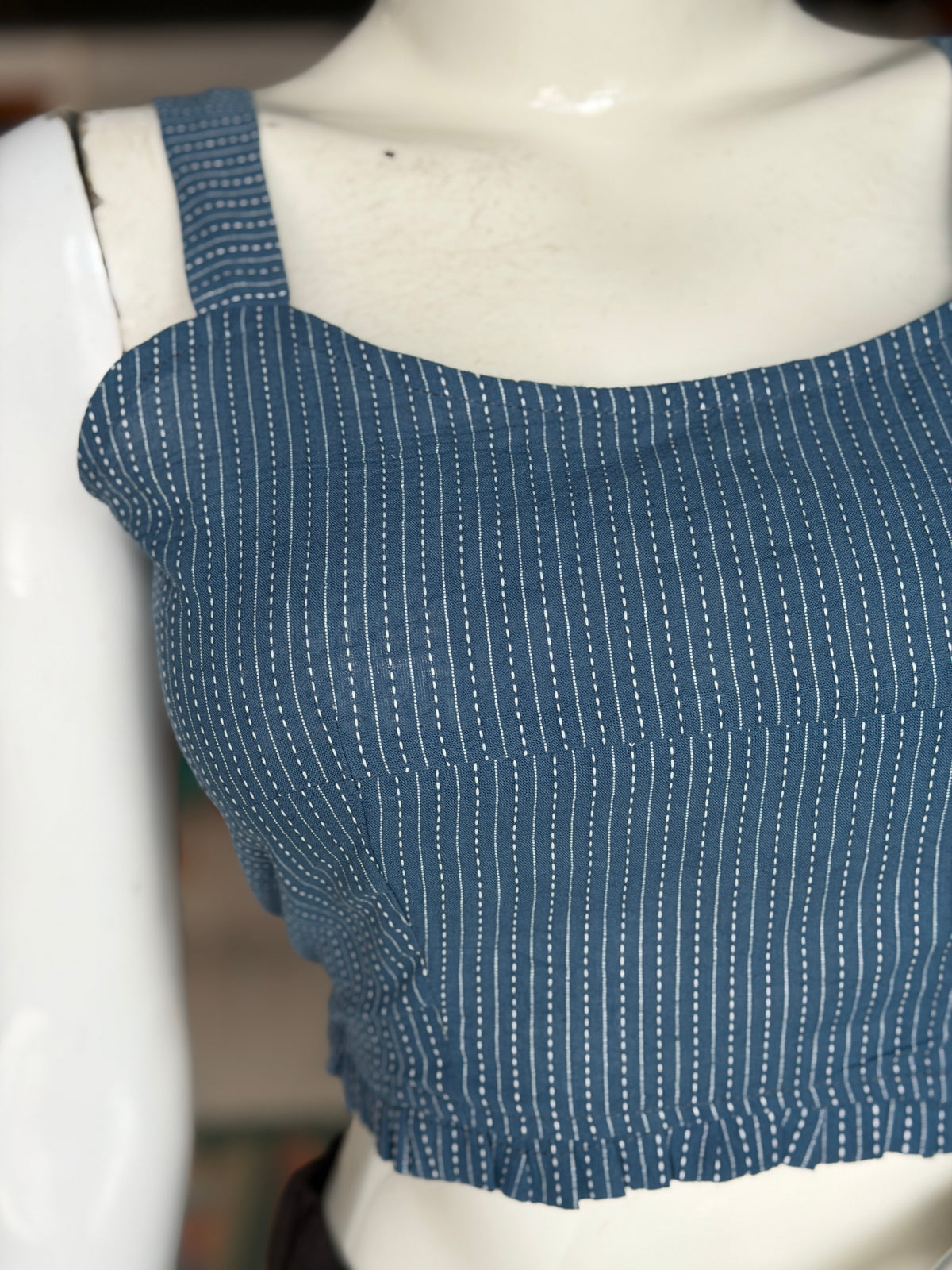 Blue machine Kantha cotton strappy blouse