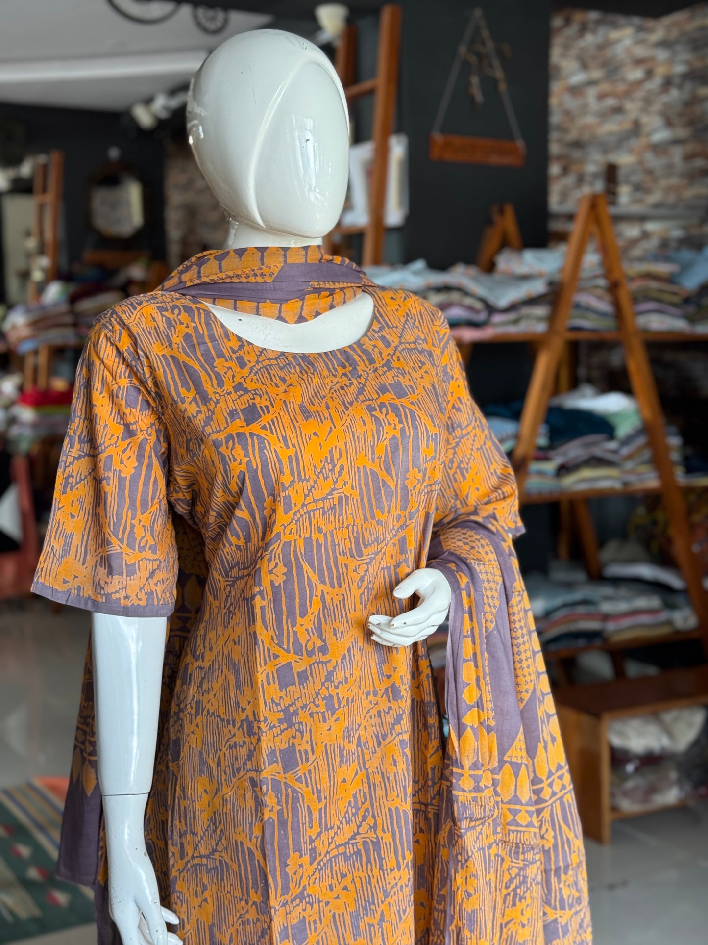 Lavender n orange pattern soft batik cotton A-line kurta, dupatta and pants -  3 piece suit set