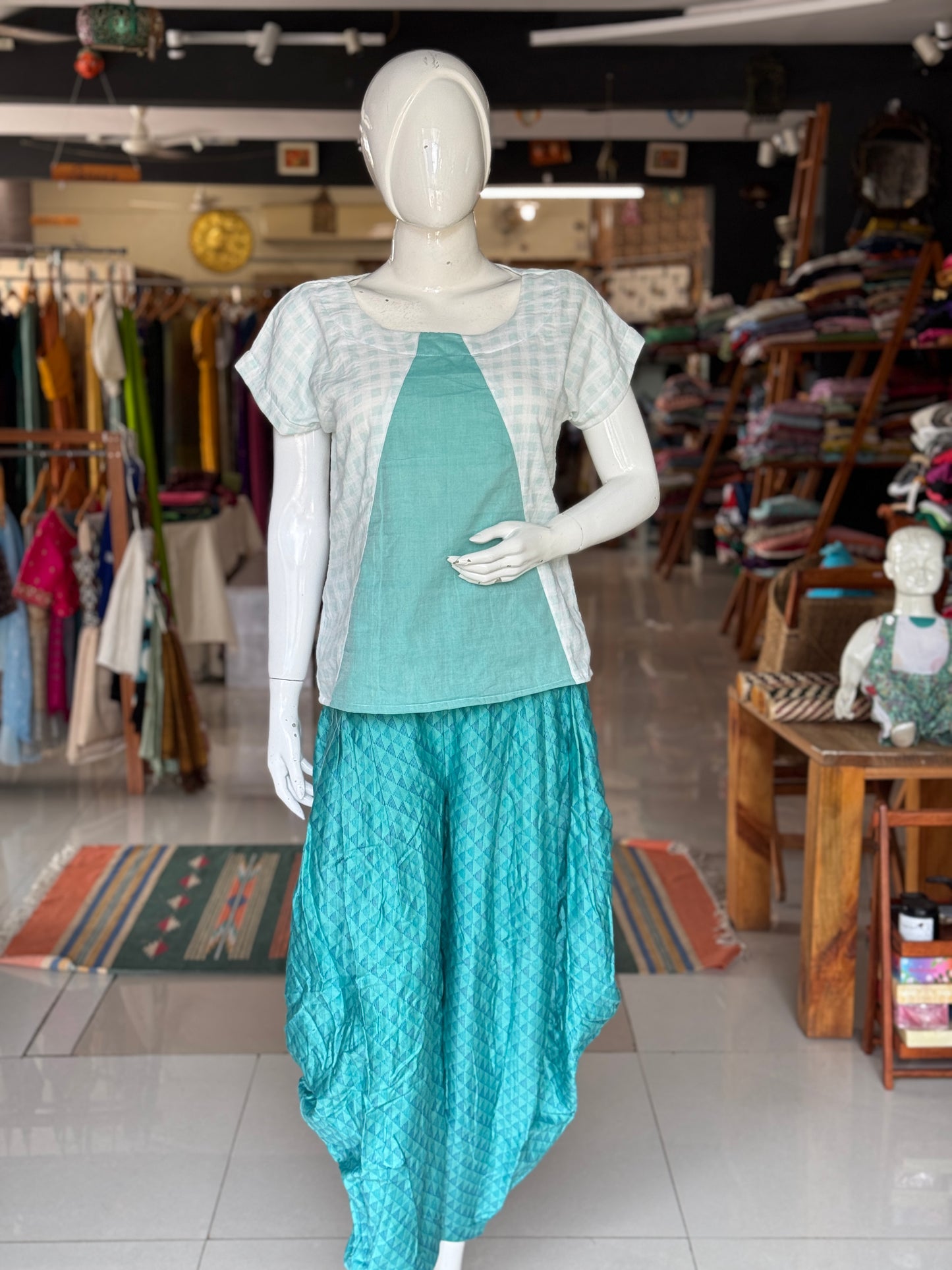 Sea green with blue lines hand block printed cowl style pants