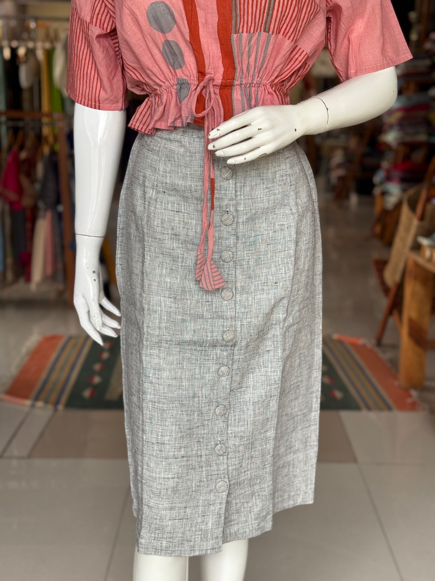 Women’s formal calf length skirt with elastic waist and front buttons - colors available