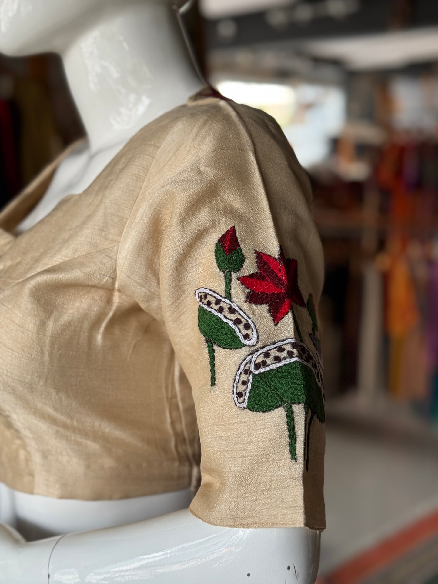 Cream lotus, fish n birds design Kantha hand embroidered silk blouse