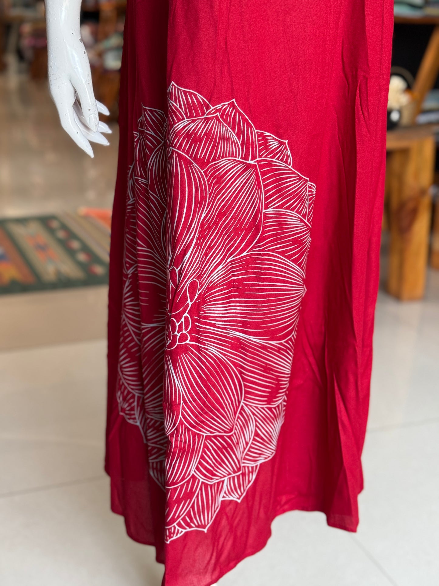 Red dhalia flower hand printed free sized dress with back elastic