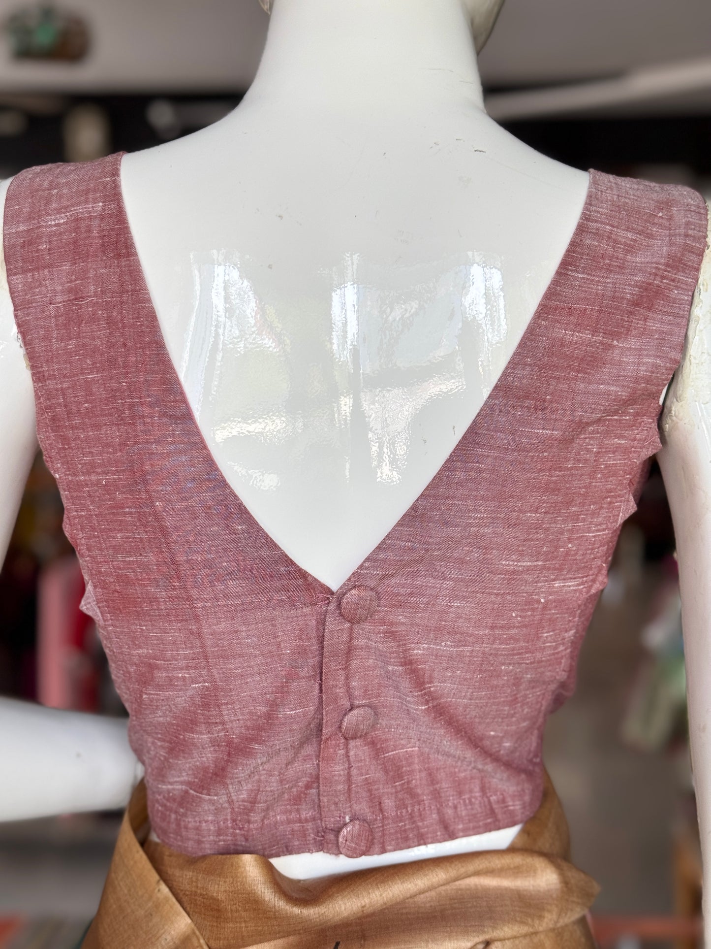 Onion pink sleeveless back open handwoven cotton blouse