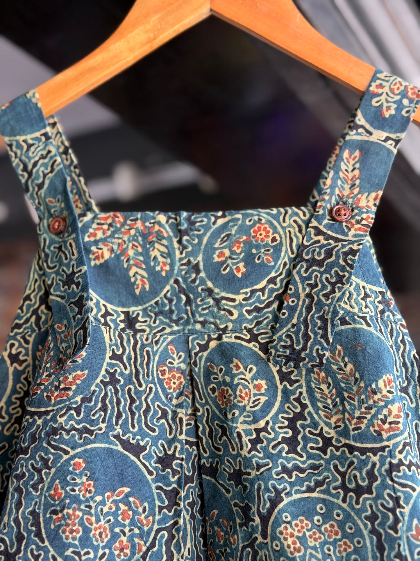 Green cotton Ajrakh hand block printed strappy top
