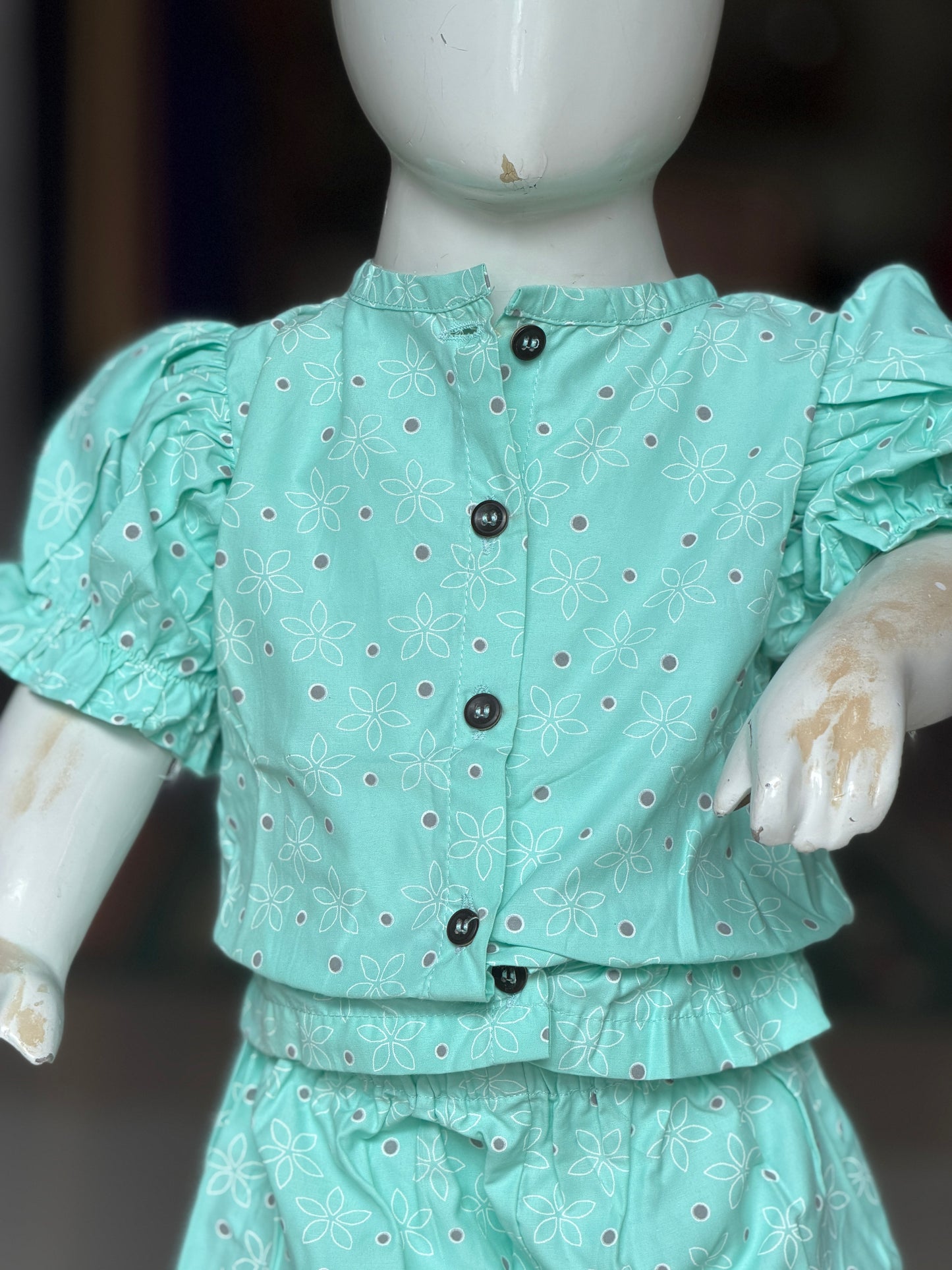 Pastel bluish green elasticated top and shorts coord set for little girls