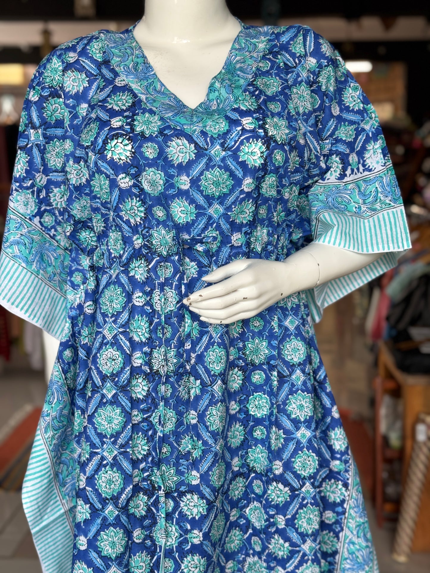Kaftan nighty in hand block printed cotton with 3 sides borders - free size - print options available - lounge wear / night wear