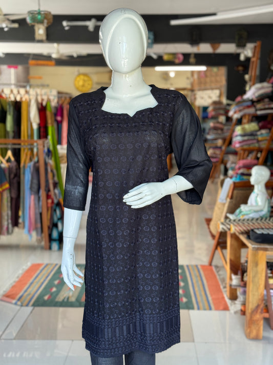 Black machine work cotton kurti straight cotton kurti with plain back