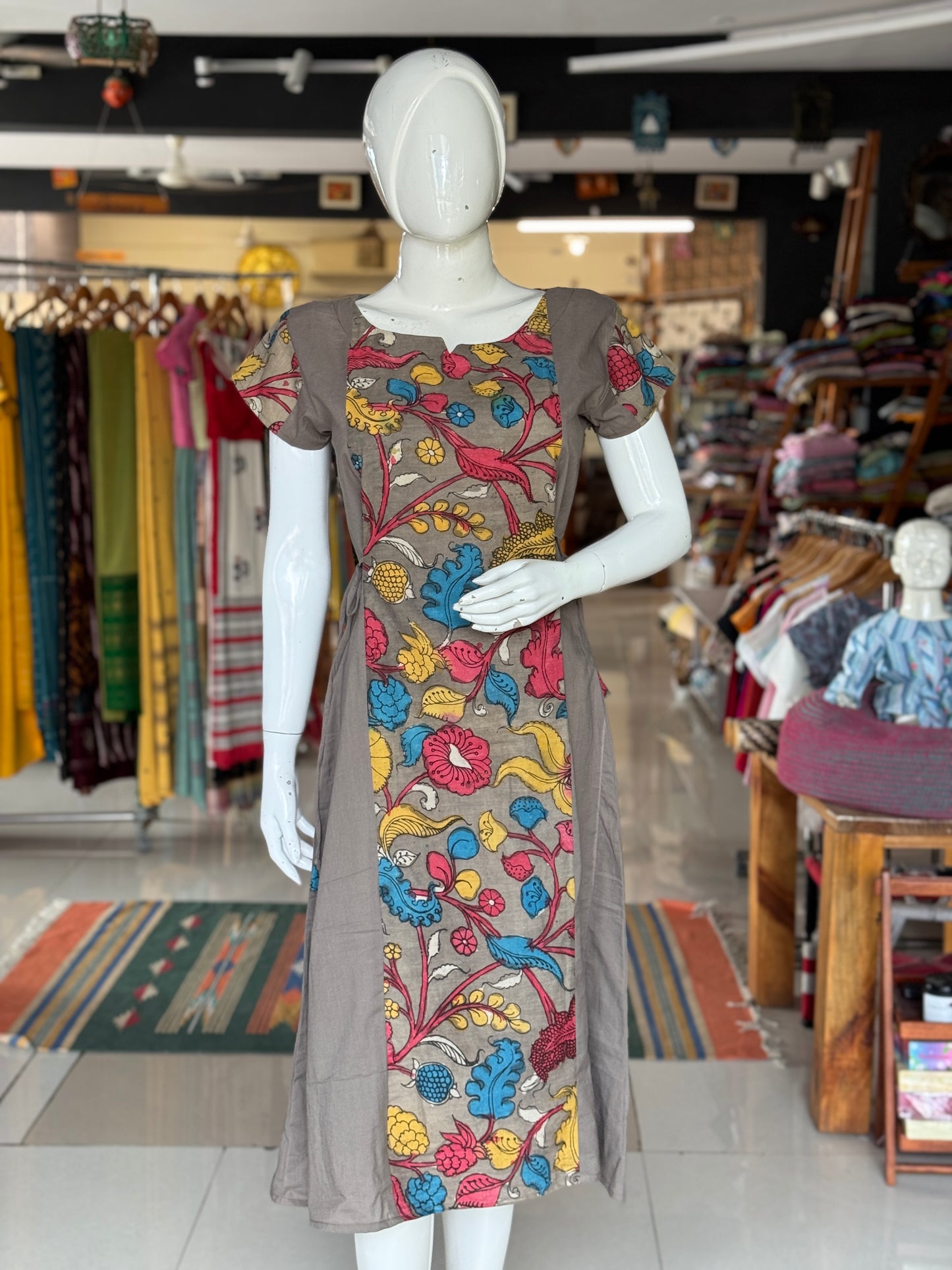 Brown floral pen Kalamkari hand painted cotton dress / kurti with plain side panels and side ties
