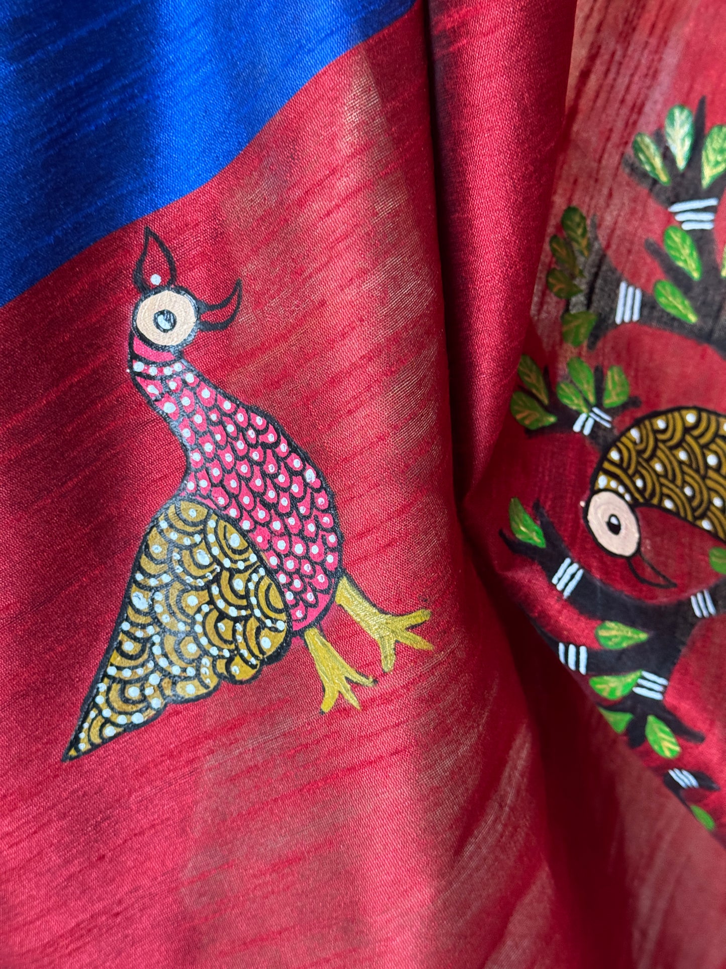 Royal blue Gond hand painted, hand woven raw silk saree