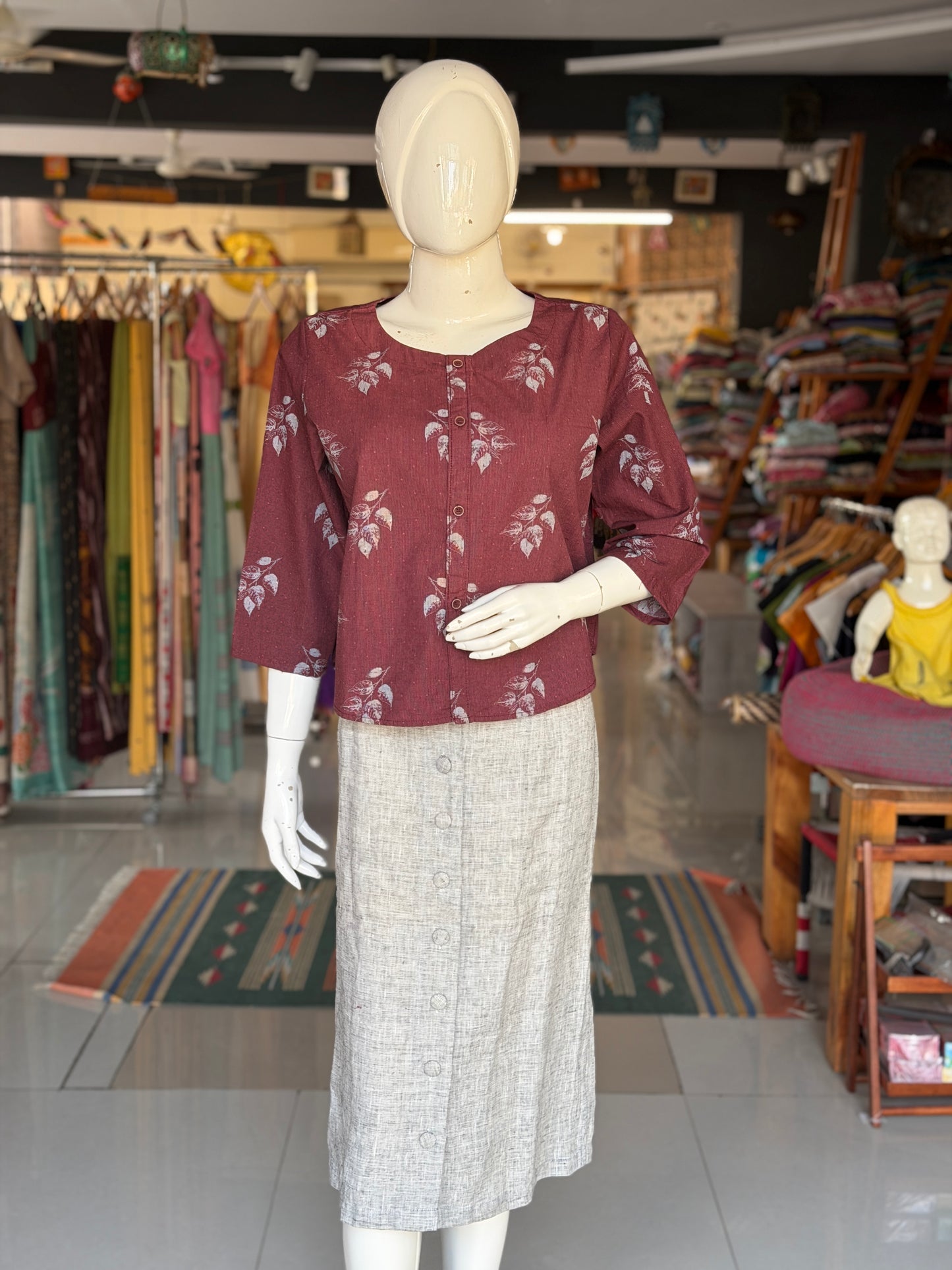 Maroon leaves print cotton top with front button detailing